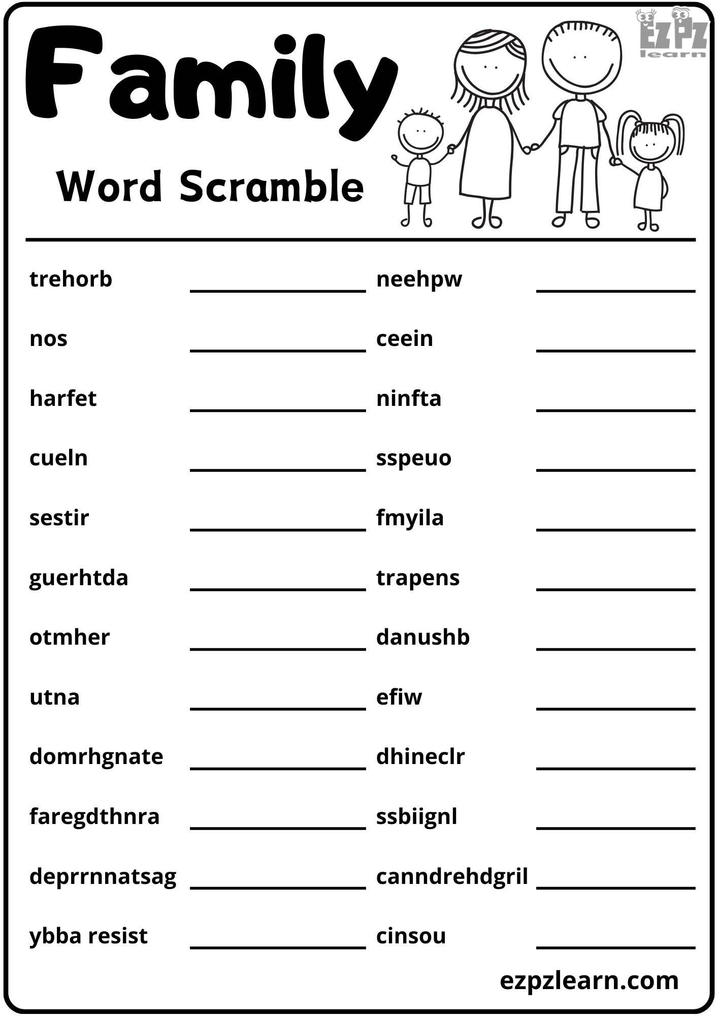 Family Vocabulary Word Scramble 24 Words Free Download PDF File